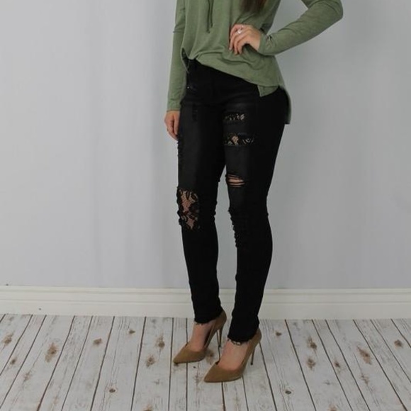Black Distressed Jeans with Lace Inserts - Picture 2 of 4